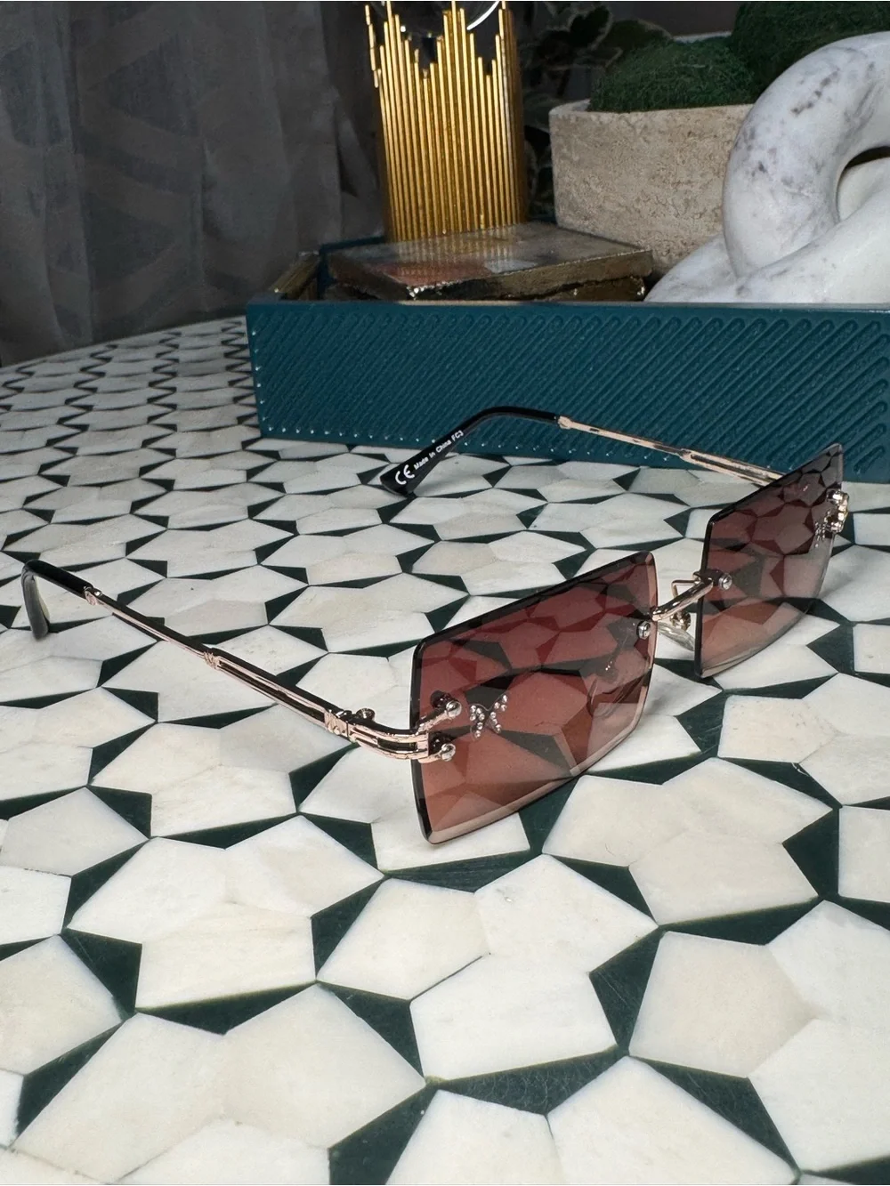 💎🎀 Y2K 2000s bling embellished bow Rectangular Brown Tinted Sunglasses for Women